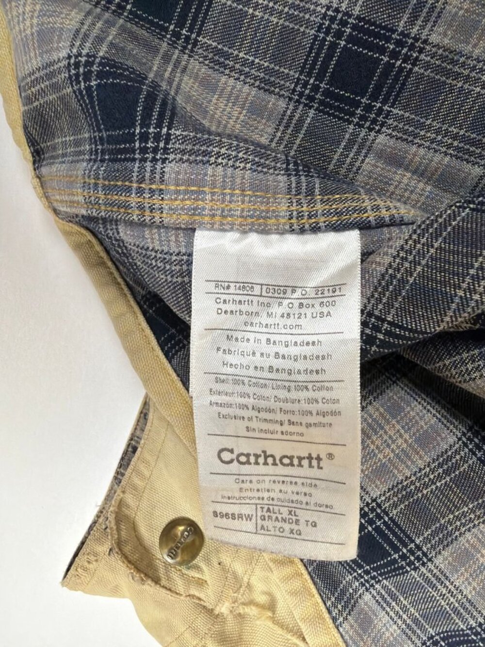 Carhartt Men XL Tall Sandstone Canvas Plaid Lined Shirt Jacket Tan S96SRW - Picture 4 of 11